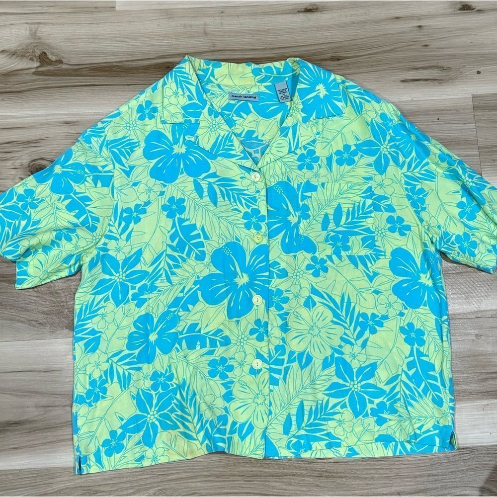 Marsh Landing Y2K 90’s Hawaiian Shirt Green Blue Men’s Medium